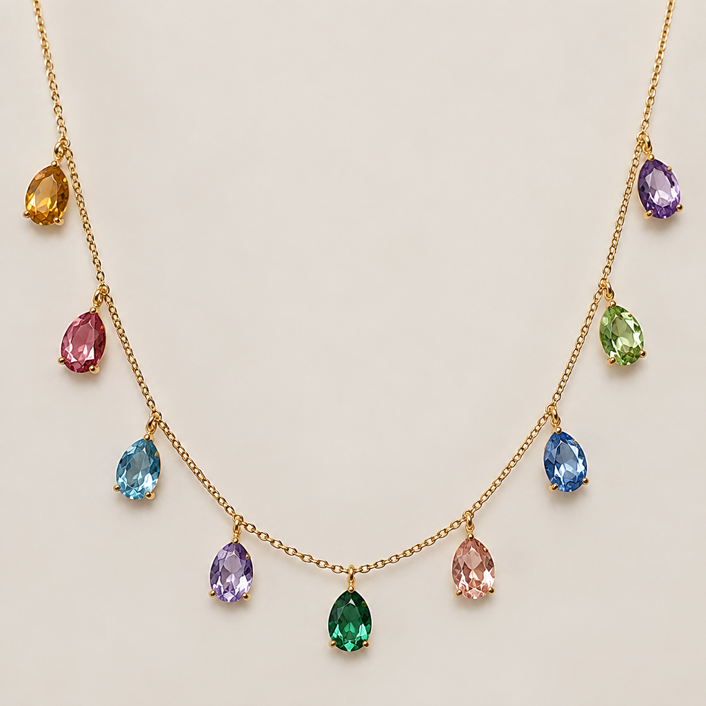 A minimalist women's necklace made of gold with topaz stones, detailed and decorative, moderately ornate. realizza una collana con delle pietre, topazi di diversi colori. vorrei che la collana presentasse diverse pietre, tuta ad una distanza di 3 centimetri fra loro, di mezzo solo la collanina, liscia, vuota, ogni porta deve avere un colore diverso, una gialla, una rosa, assurda, verde, lilla, azzurra e via dicendo. vorrei che fossero dei topazi con insalata a cipolla
photorealistic jewelry design, A minimalist women's necklace made of gold with topaz stones, detailed and decorative, moderately ornate. realizza una collana con delle pietre, topazi di diversi colori. vorrei che la collana presentasse diverse pietre, tuta ad una distanza di 3 centimetri fra loro, di mezzo solo la collanina, liscia, vuota, ogni porta deve avere un colore diverso, una gialla, una rosa, assurda, verde, lilla, azzurra e via dicendo. vorrei che fossero dei topazi con insalata a cipolla, minimalist style, just the design no text