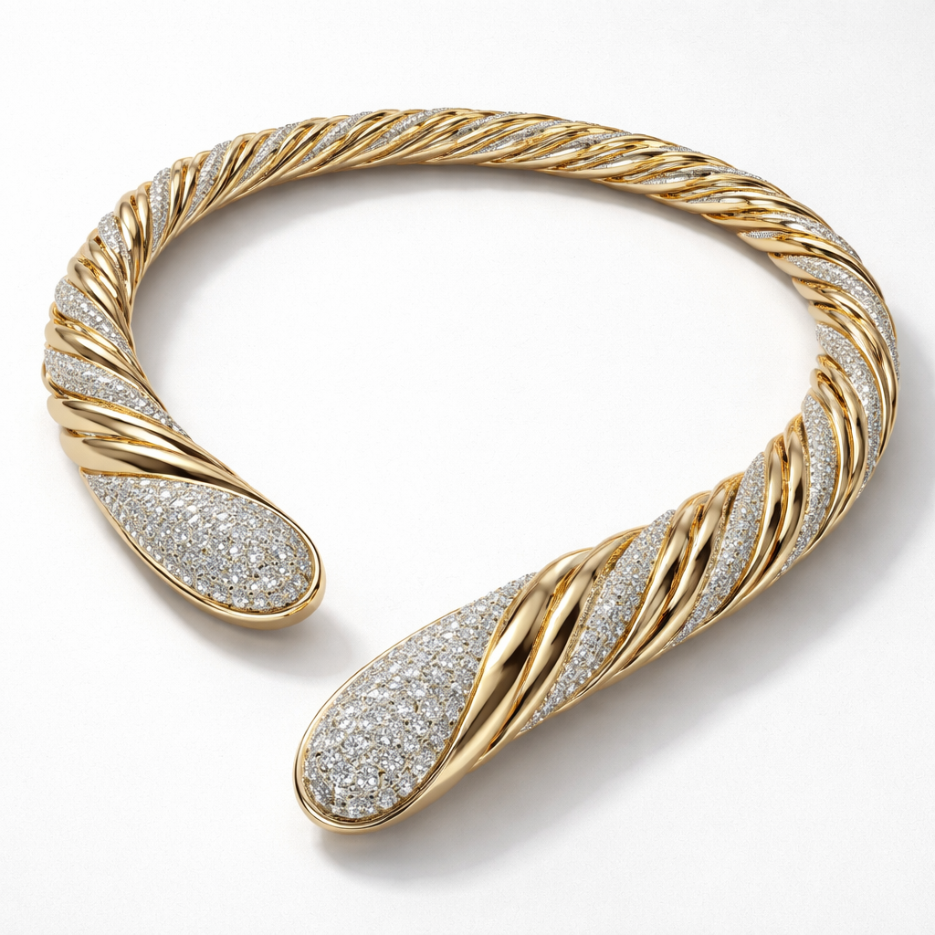 A flexible twisted modern necklace with diamond and gold