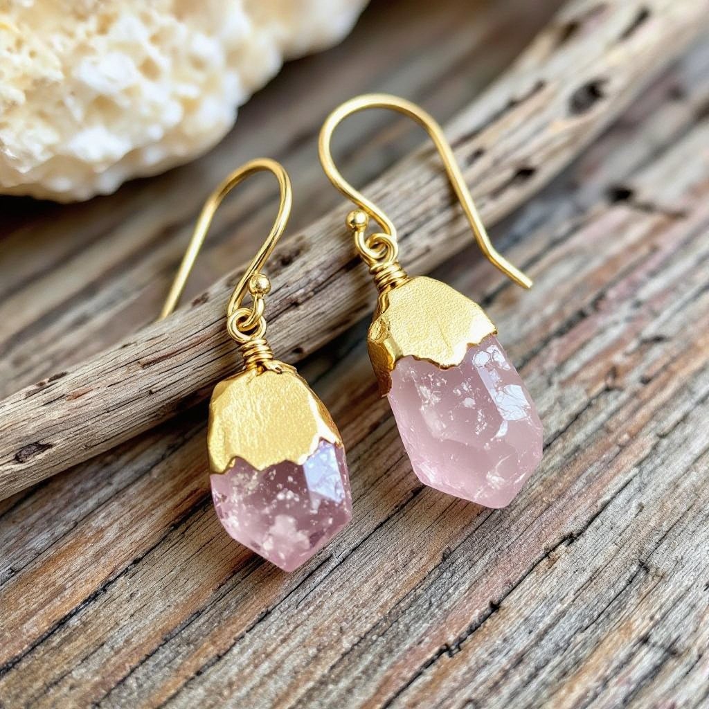Серьги матовое золото с эффектом неровности Необработанный бледно розовый кварц в виде длинного кристалла