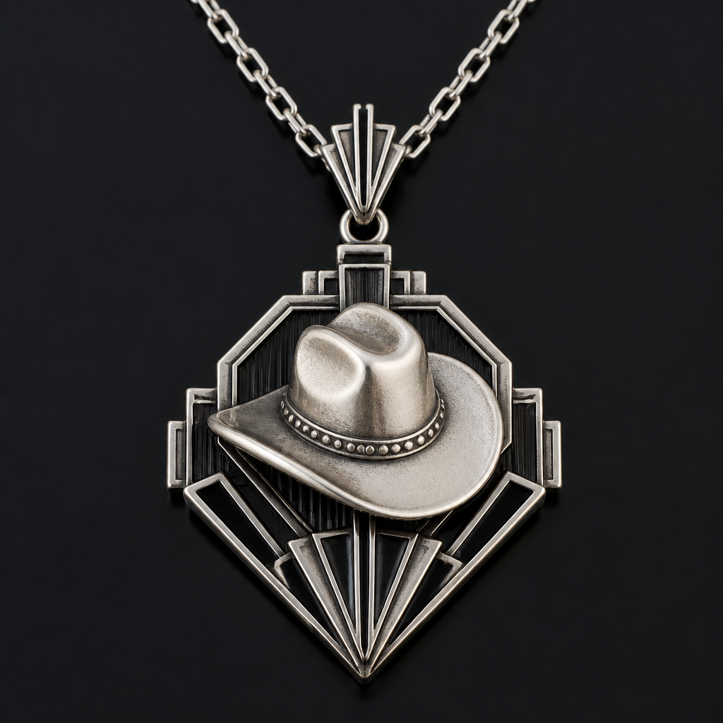 Create a necklace with a cowboy hat that says urban cowboy
photorealistic jewelry design, Create a necklace with a cowboy hat that says urban cowboy , art_deco style, just the design no text