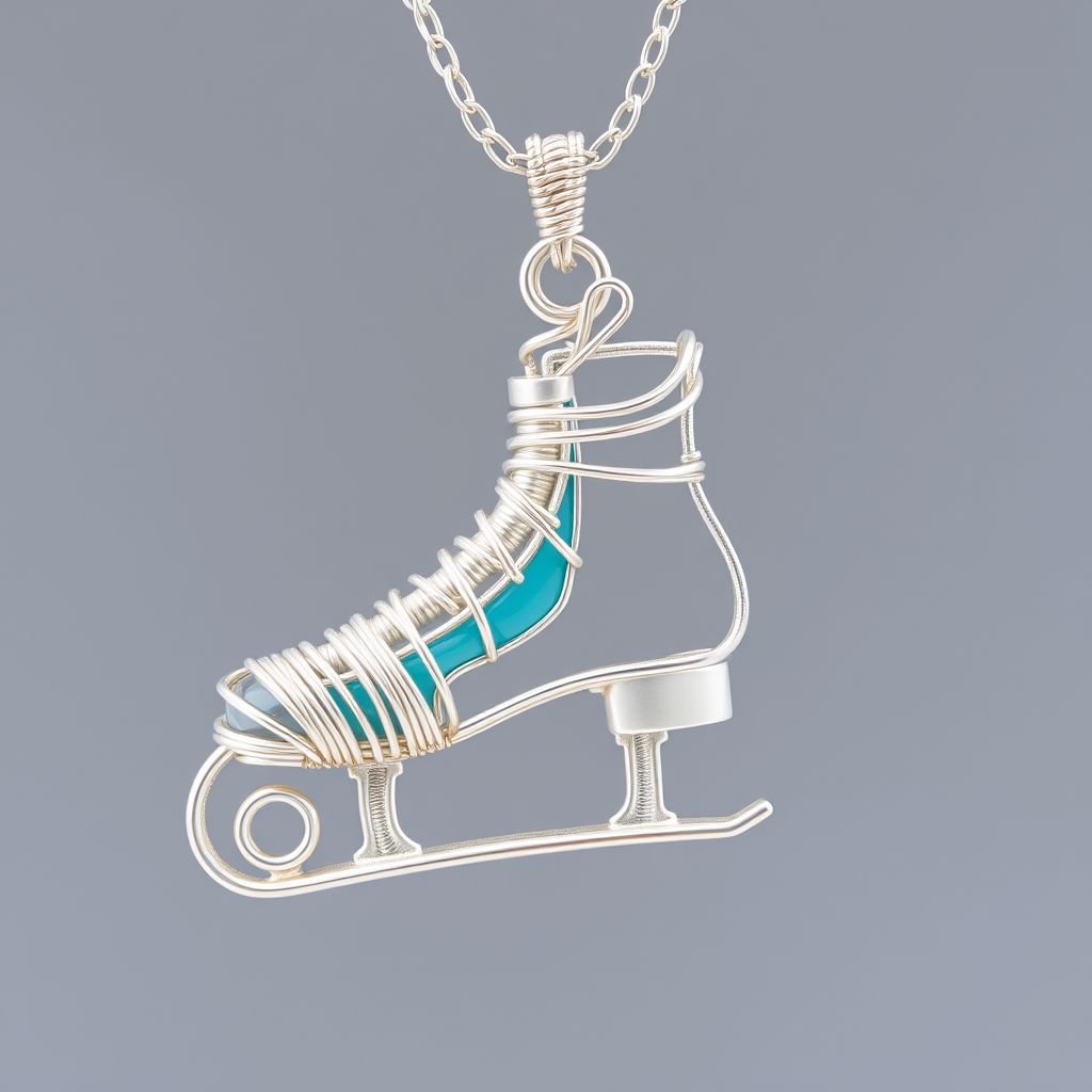 Silver Pendant shape one ice skate with turquoise stripe inside the low thin part blade