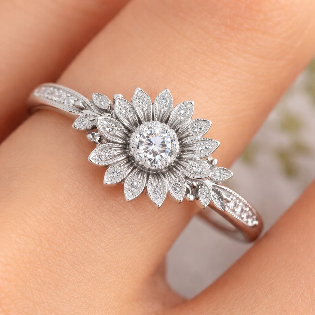 A romantic women's ring made of silver with diamond stones suitable for daily wear. un anillo de girasol
A romantic women's ring made of silver with diamond stones suitable for daily wear. un anillo de girasol, romantic style