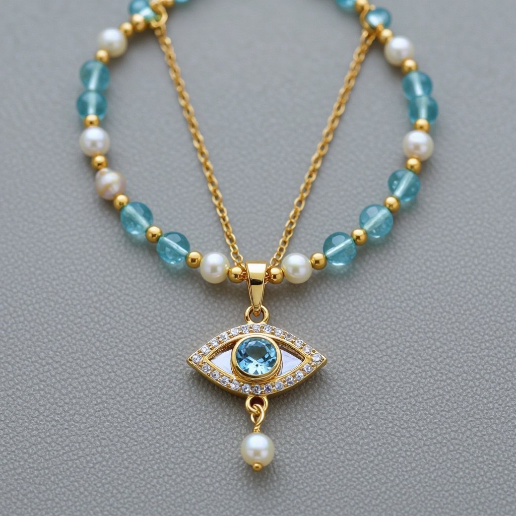 Тонкая цепочка с золотыми и серебряными шариками и мелкими жемчужными камушками на цепочке есть кулон в форме глаза, зрачок глаза из аквамарина от глаза идет маленькая подвеска с маленькими камушками аквамарина 