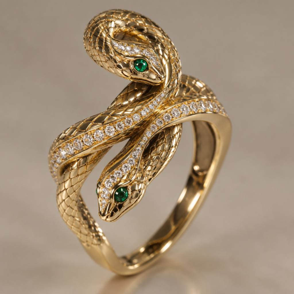 A women's ring. qui se porte sur le majeur. 2 serpents . un qui regarde vers le doigt et l'autre vers le dos de la main. leurs yeux pierre émeraude. ils se croisent dns un tourbillon...
photorealistic jewelry design, A women's ring. qui se porte sur le majeur. 2 serpents . un qui regarde vers le doigt et l'autre vers le dos de la main. leurs yeux pierre émeraude. ils se croisent dns un tourbillon..., modern style, just the design no text