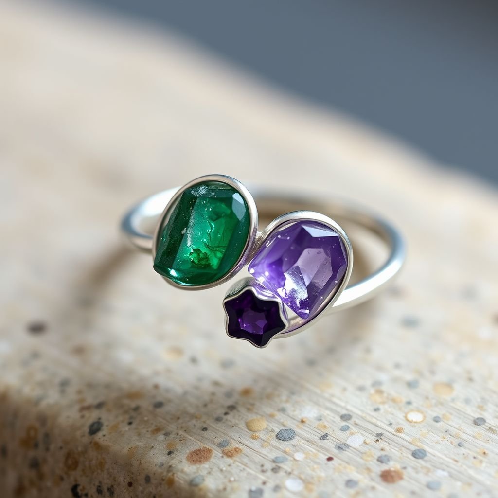 Design silver adjustable ring, use minimum silver, use 2 or 3 raw natural gemstones 