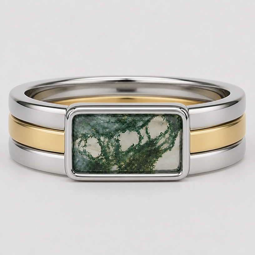 Make the band stacked rings rather than a blended piece and make the top and bottom of the ring the same width (same width all the way around)