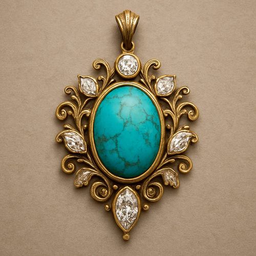 to unique design a pendant featuring the main oval turquoise incorporating round, marquise, and pear-shaped diamonds as additional elements. more unique