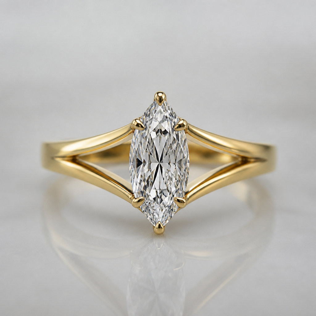 Pinched split shank gold marquise diamond shape ring
photorealistic jewelry design, Pinched split shank gold marquise diamond shape ring, just the design no text