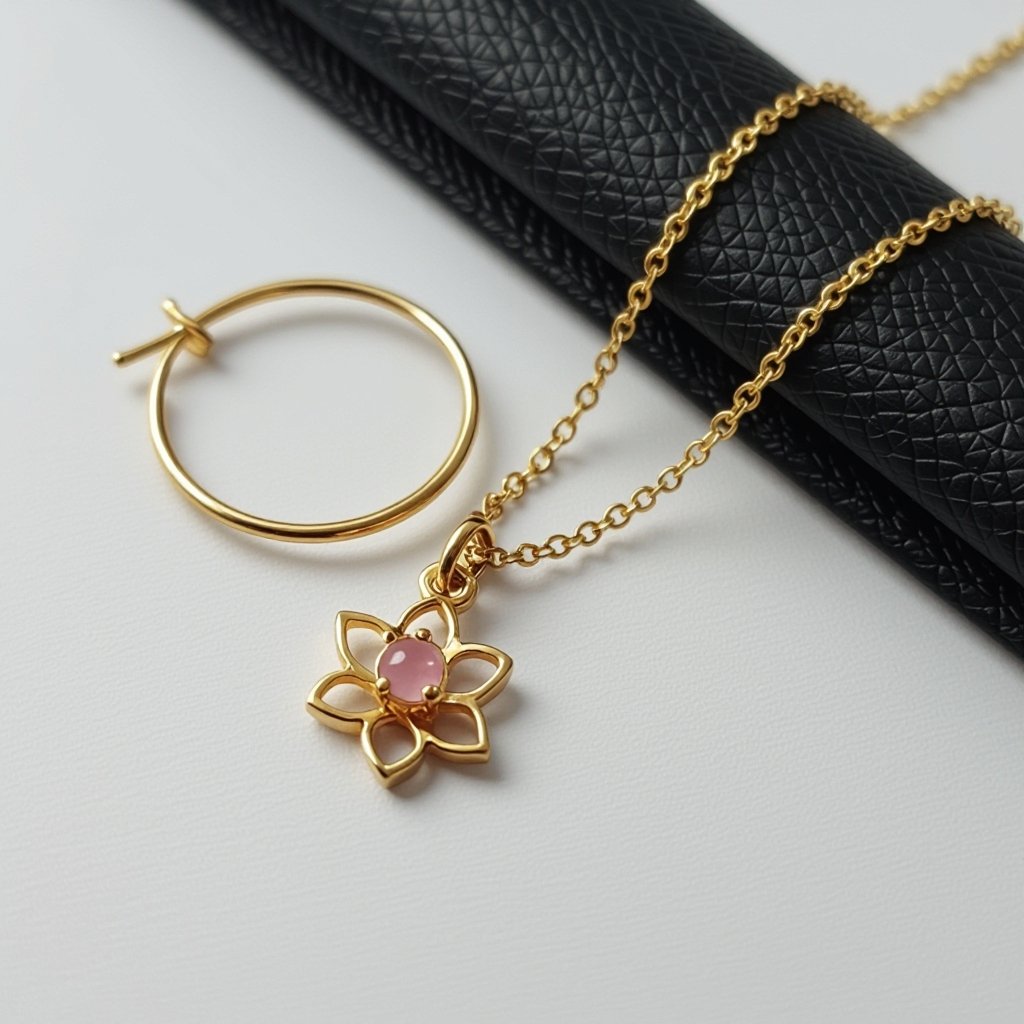 Серьги небольшие кольца, подвеска в виде золотого лотоса шестью лепестками с маленьким розовым кварцем по центру