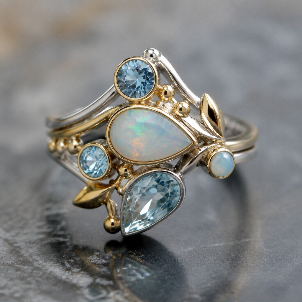 A modern women's ring made of mixed metal with opal and topaz and aquamarine stones suitable for festival. A modern women ring with little ornaments of modern motifs.
photorealistic jewelry design, A modern women's ring made of mixed metal with opal and topaz and aquamarine stones suitable for festival. A modern women ring with little ornaments of modern motifs., modern style, just the design no text