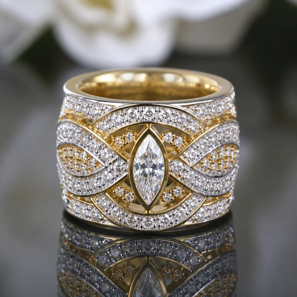 Women jewelry Luxury wide ring with white snd yellow gold one marquis in the middle snd pave diamond around unique design as a signature piece
photorealistic jewelry design, Women jewelry Luxury wide ring with white snd yellow gold one marquis in the middle snd pave diamond around unique design as a signature piece , just the design no text