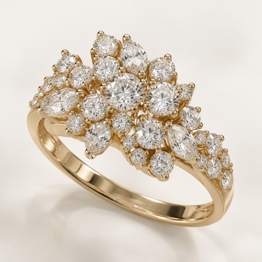 A luxury women's ring made of gold with diamond stones. 34 cluster diamonds ranging in size, but no larger than .25 of a carat
photorealistic jewelry design, A luxury women's ring made of gold with diamond stones. 34 cluster diamonds ranging in size, but no larger than .25 of a carat, luxury style, just the design no text