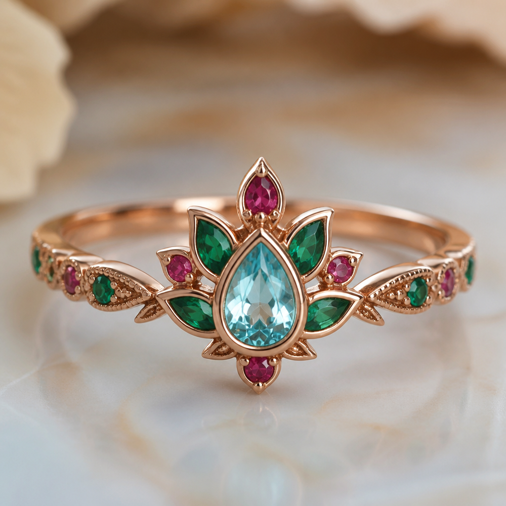 A romantic women's ring made of copper with aquamarine and emerald and ruby stones suitable for daily wear, detailed and decorative, moderately ornate. Delgada con un diseño de flor de loto
photorealistic jewelry design, A romantic women's ring made of copper with aquamarine and emerald and ruby stones suitable for daily wear, detailed and decorative, moderately ornate. Delgada con un diseño de flor de loto, romantic style, just the design no text