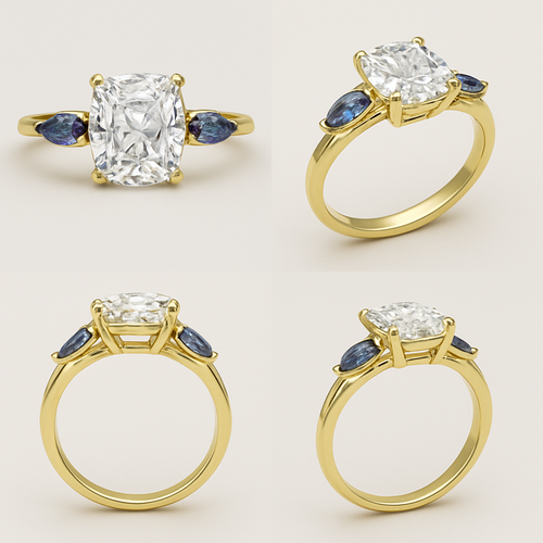 2 carat elongated cushion cut diamond with claw prongs and marquise alexandrite side stones set in a yellow flared shank from all angles 