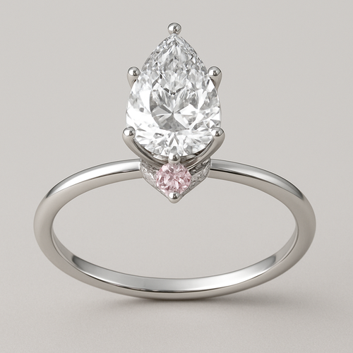 “Make me a diamond engagement ring with a pear diamond that is large is shiny, silver band, but make it unique and fit for an elegant princess. Think dainty but loud and regal at the same time. Incorporate a second light pink diamond underneath the the main diamond. Make the band thinner and have a hidden halo with a modern tulip basket setting with 6 prongs. Dainty but regal.  Make the band thinner and have a hidden halo with a modern tulip basket setting with 6 prongs.”