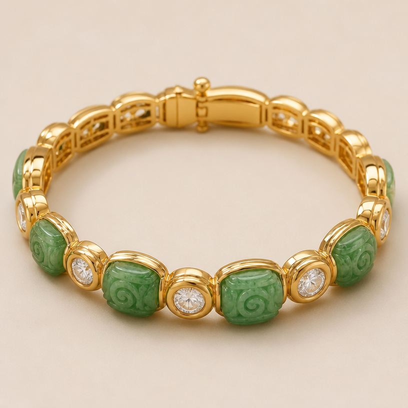 A bangle women's bracelet made of gold with diamond stones suitable for daily wear. Use 12 tablets.
using the attached image as a visual reference, create A bangle women's bracelet made of gold with diamond stones suitable for daily wear. Use 12 tablets.. photorealistic, just the design no text