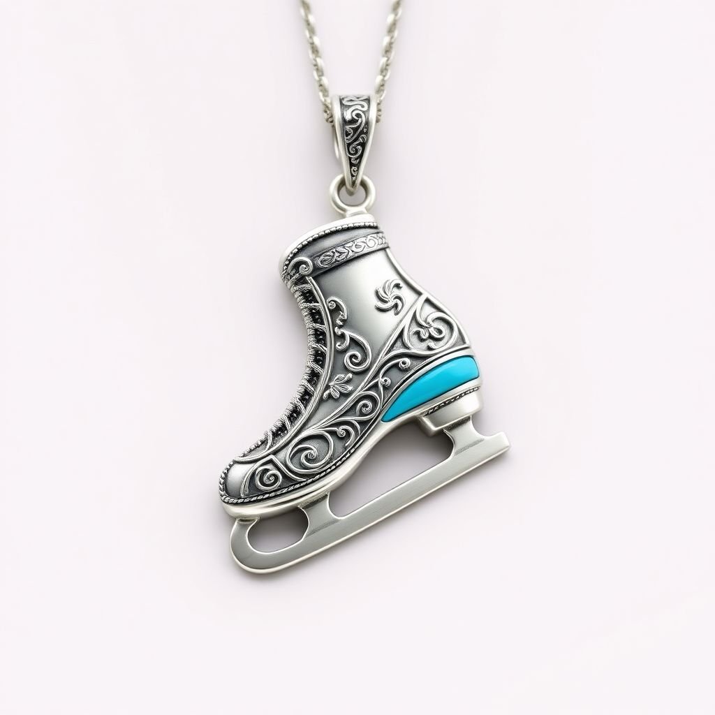 Silver Pendant shape one ice skate with turquoise stripe inside the low thin part blade 