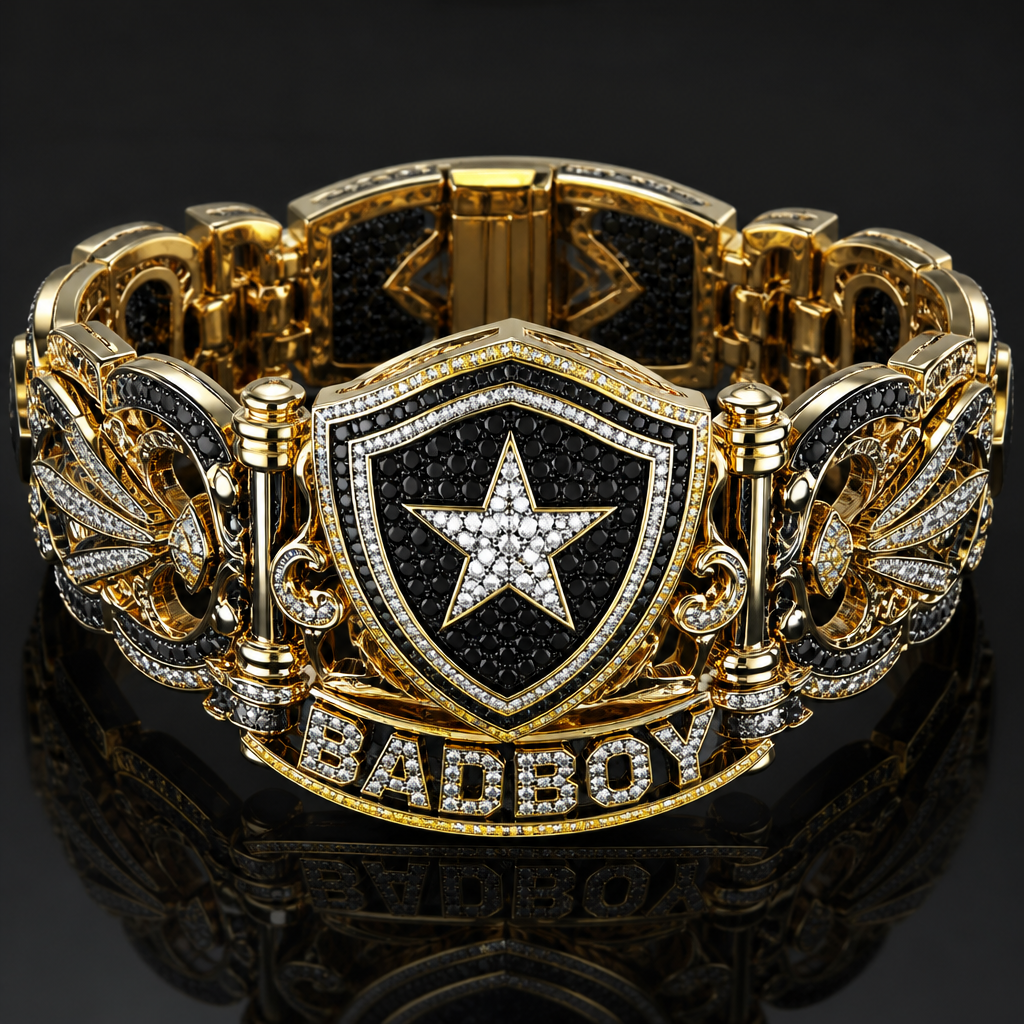 A luxury men's bracelet made of gold suitable for daily wear, highly ornate, intricate and elaborate, richly detailed. bracelete na temática do time de futebol bota fogo, O escudo do botafogo cravejado com pedras originais da cor do time, na frente do bracelete o escudo cravejado e em baixo o nome escrito badboy bem visível
bracelete com um formato e designer único
photorealistic jewelry design, A luxury men's bracelet made of gold suitable for daily wear, highly ornate, intricate and elaborate, richly detailed. bracelete na temática do time de futebol bota fogo, O escudo do botafogo cravejado com pedras originais da cor do time, na frente do bracelete o escudo cravejado e em baixo o nome escrito badboy bem visível
bracelete com um formato e designer único, luxury style, just the design no text