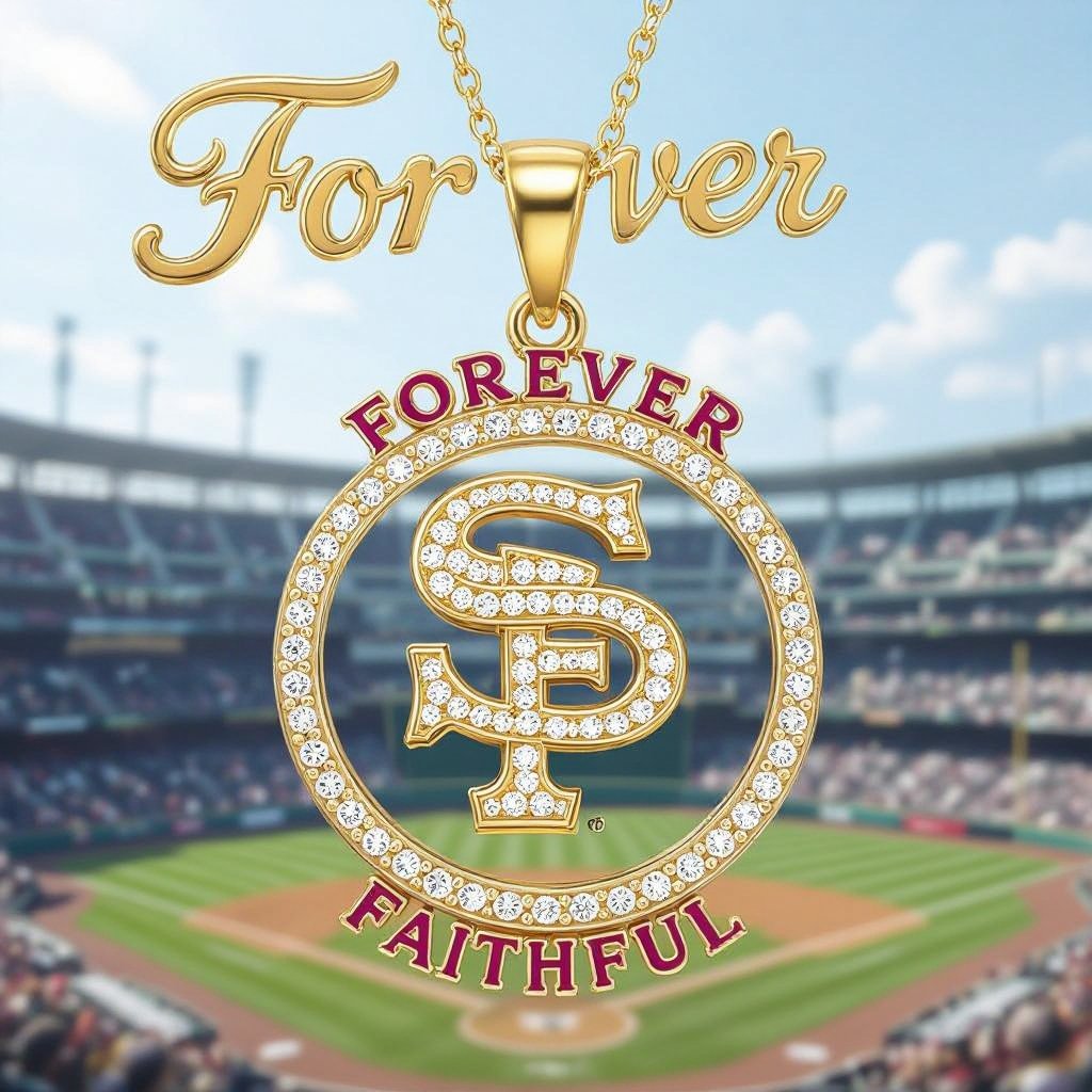 49ers logo with diamonds and red rubies, with script on the top and bottom of the logo that says FOREVER on top and FAITHFUL on the bottom