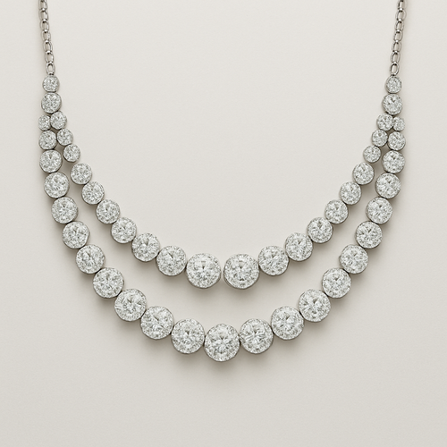 Double triple row necklace with 56 multiple size round diamonds half way around 