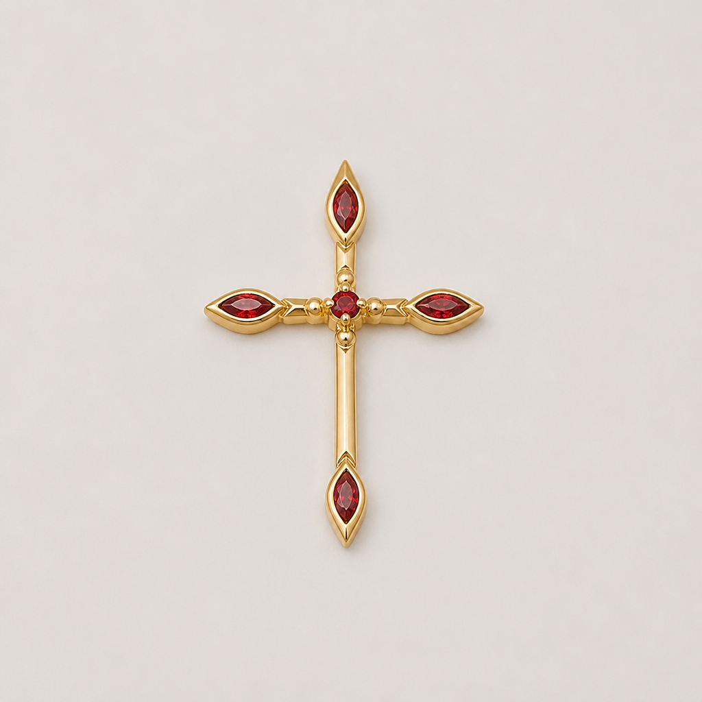 Dainty and feminine Gold cross with rubies, majority gold . Hidden bail
photorealistic jewelry design, Dainty and feminine Gold cross with rubies, majority gold . Hidden bail, minimalist style, just the design no text