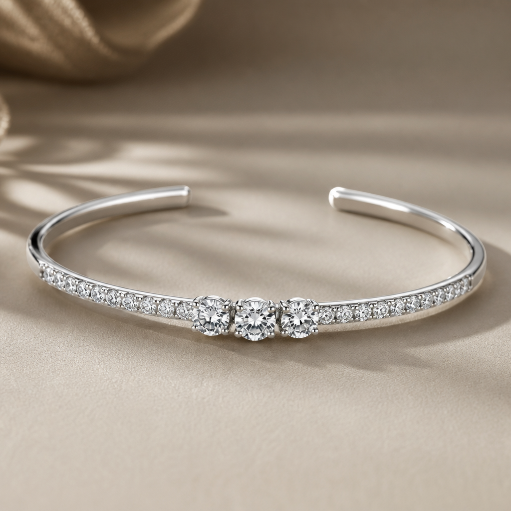 Open bangle, 3 diamonds in the middle
photorealistic jewelry design, Open bangle, 3 diamonds in the middle, diamond style, just the design no text