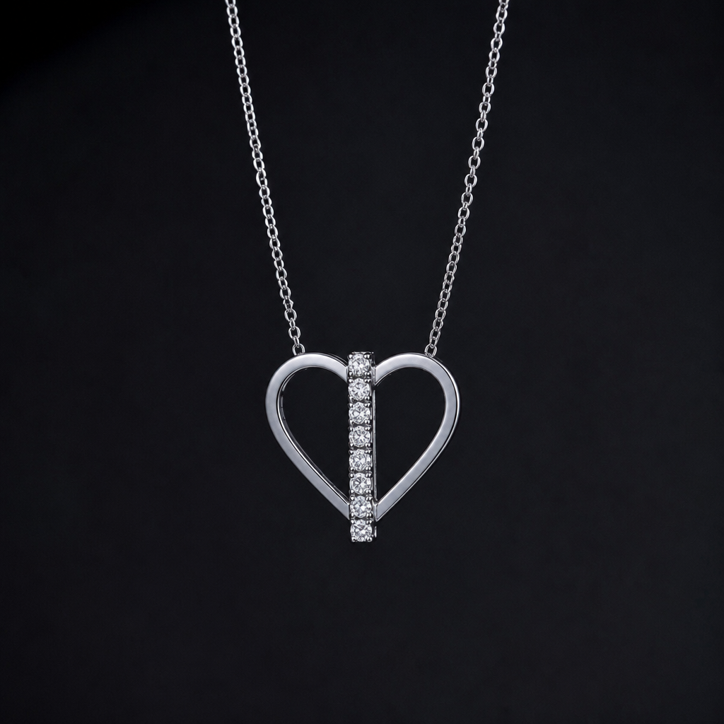 A women's necklace made of silver with diamond stones. metal fin et ligne droit de diamand au milieu du coeur
photorealistic jewelry design, A women's necklace made of silver with diamond stones. metal fin et ligne droit de diamand au milieu du coeur, modern style, just the design no text