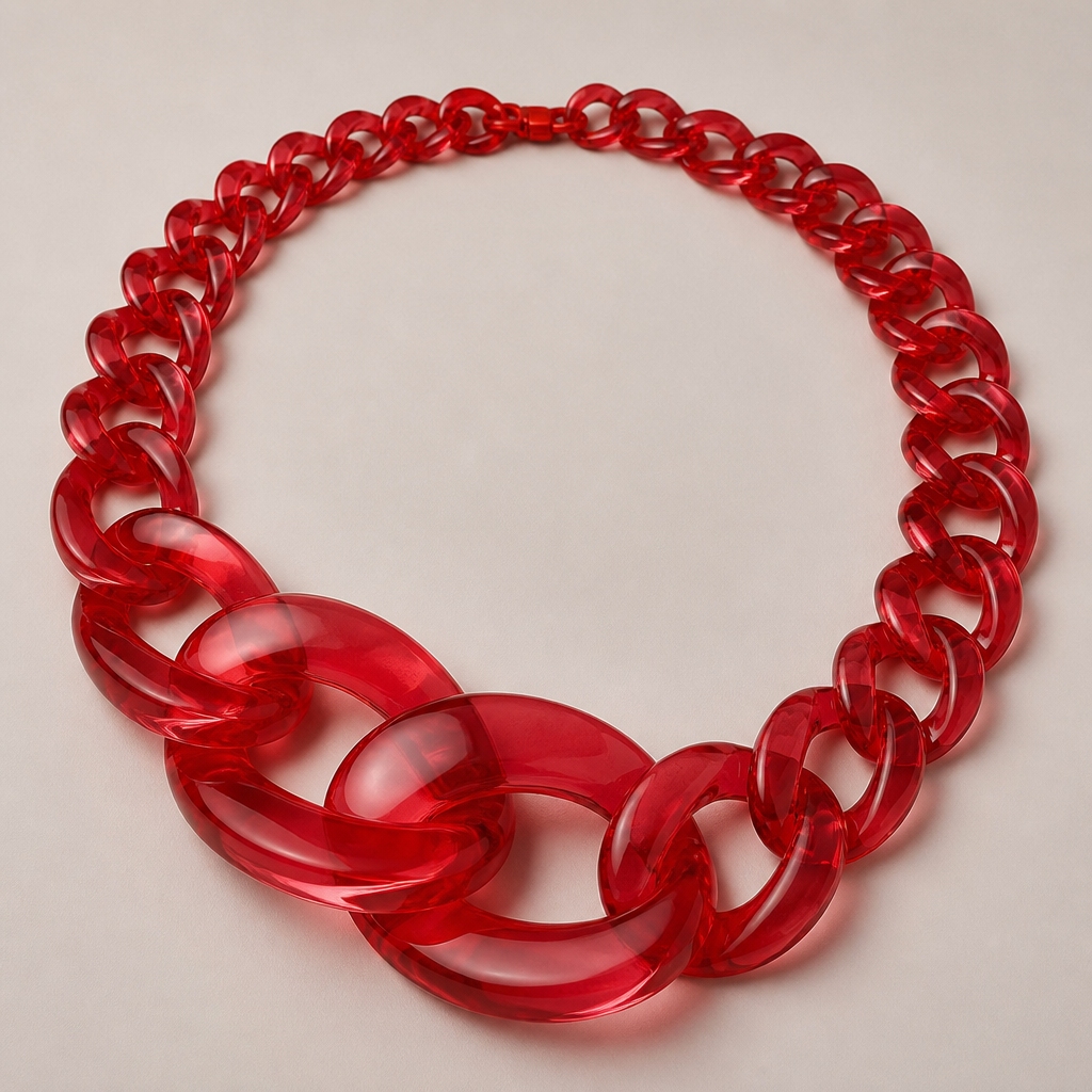 A women's necklace. create a chunky Cuban Link style plastic chain that is o graduated and exaggerated in the first front three links that is translucent lucite in bright red color
photorealistic jewelry design, A women's necklace. create a chunky Cuban Link style plastic chain that is o graduated and exaggerated in the first front three links that is translucent lucite in bright red color, modern style, just the design no text