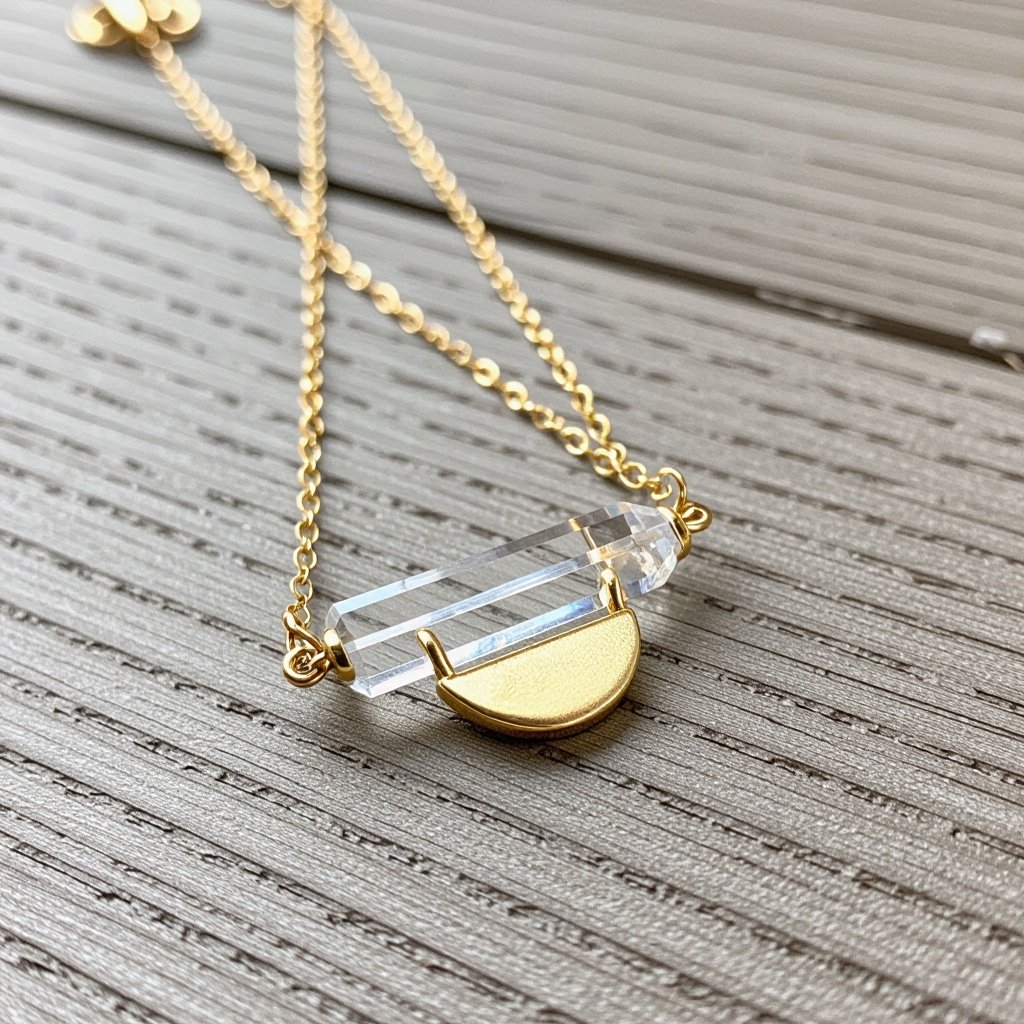 Прозрачный белый длинный кристалл горного хрусталя шестигранный золотой матовый тонкий полумесяц подвеска рядом все на одной цепочке