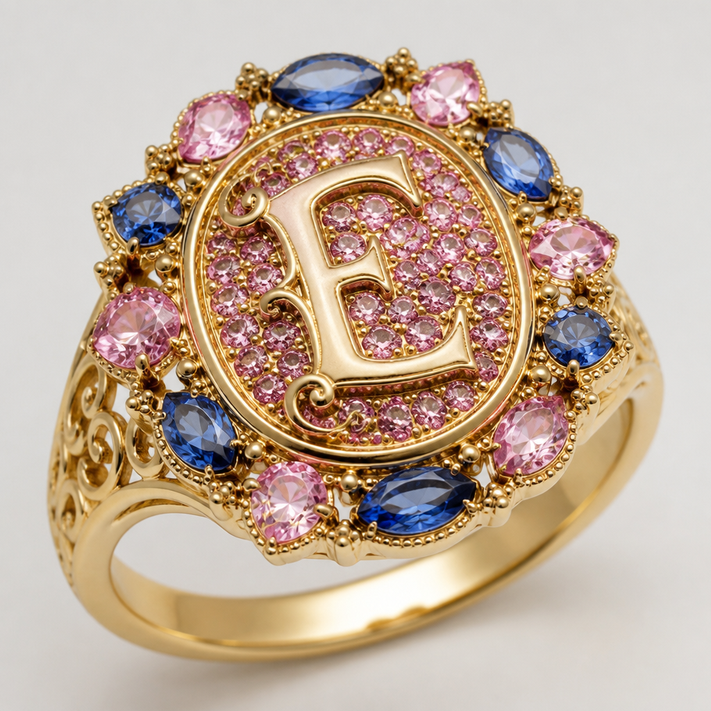 A ethnic women's ring. anel de 15 anos com inicial E com pedras rosa dentro com azul e rosa em volta
photorealistic jewelry design, A ethnic women's ring. anel de 15 anos com inicial E com pedras rosa dentro com azul e rosa em volta, ethnic style, just the design no text