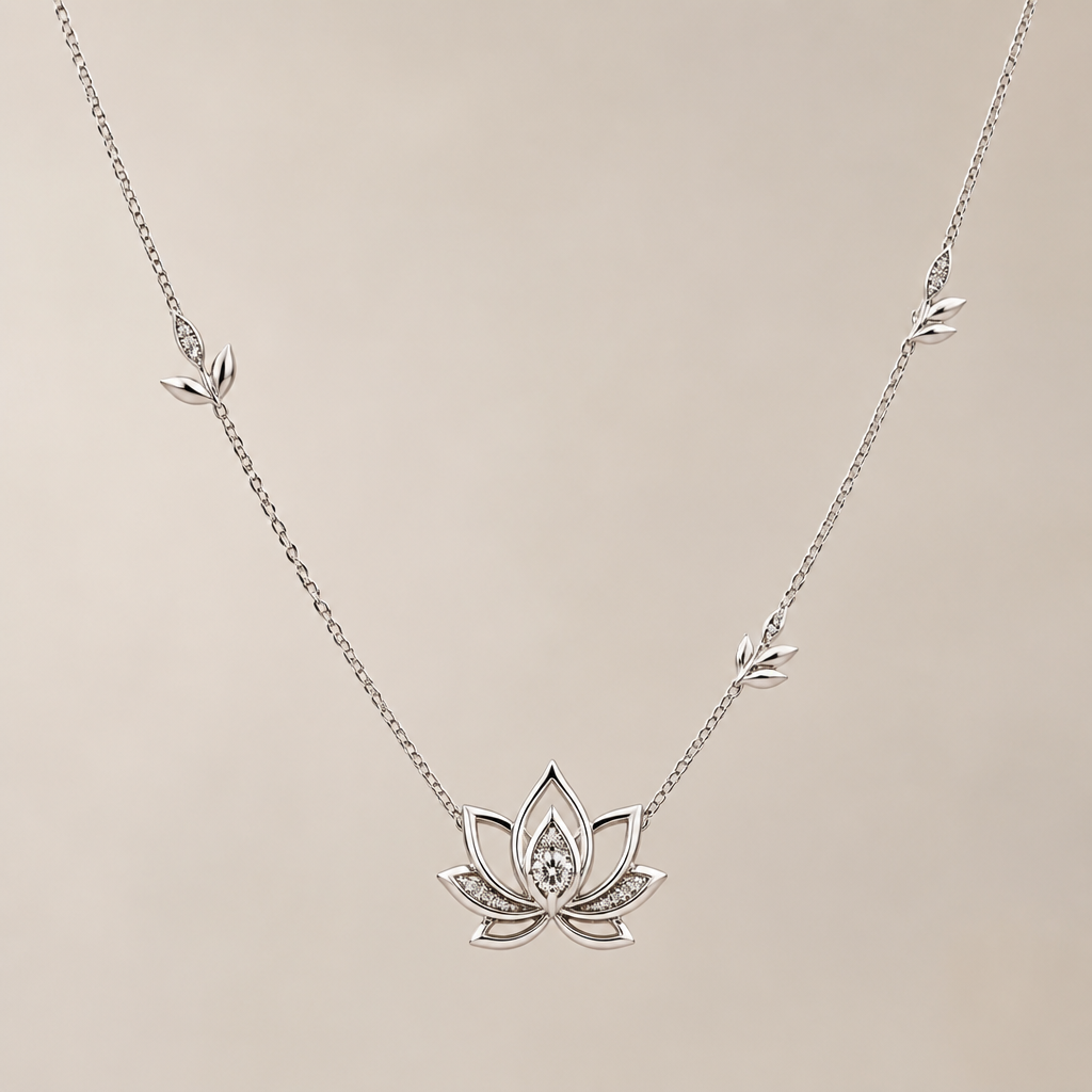 A minimalist women's necklace made of silver with diamond stones. minimaliste avec un beau lotus avec quelque details delicat avec 1 diamant dans le milieu super féminin, je veux que l'attache avec la chaine soit la plus discret possible, avec quelque feuille super minimaliste dispersé à distance sur la chaine
photorealistic jewelry design, A minimalist women's necklace made of silver with diamond stones. minimaliste avec un beau lotus avec quelque details delicat avec 1 diamant dans le milieu super féminin, je veux que l'attache avec la chaine soit la plus discret possible, avec quelque feuille super minimaliste dispersé à distance sur la chaine, minimalist style, just the design no text