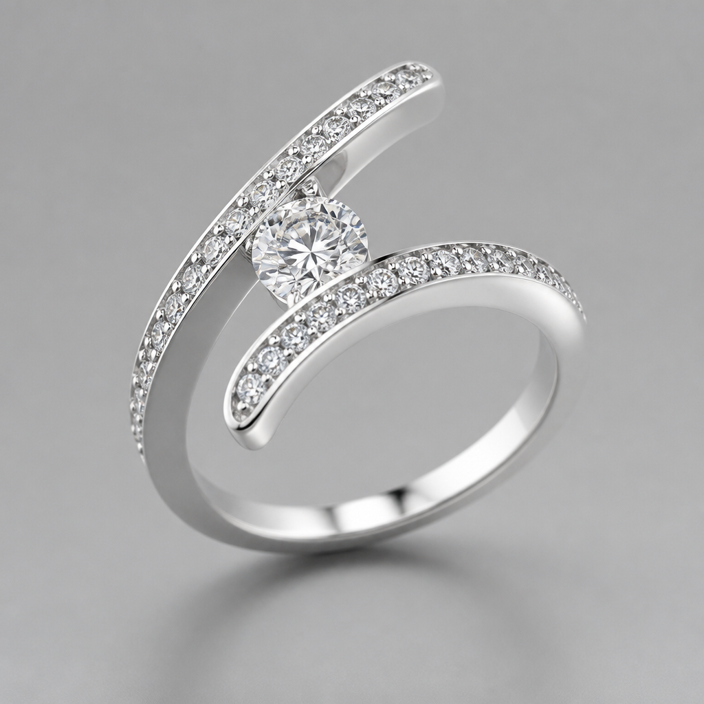 A modern women's ring made of silver with diamond stones