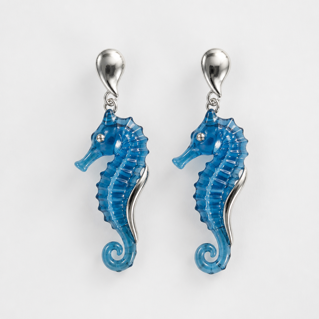 A women's earrings. cavalo marinho em resina e aço inoxidável
photorealistic jewelry design, A women's earrings. cavalo marinho em resina e aço inoxidável, modern style, just the design no text