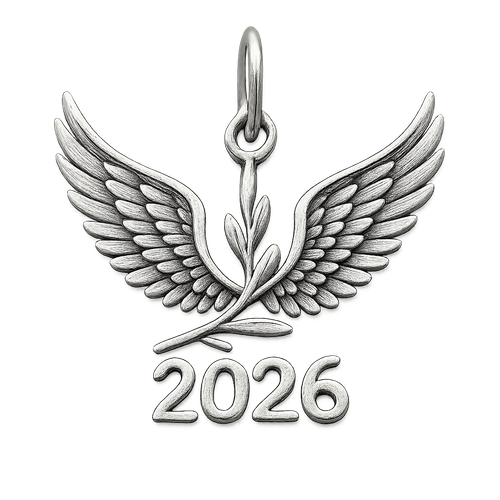 Silver cut-out charm only with  two spread out bird wings, an olive branch and  along year 2026