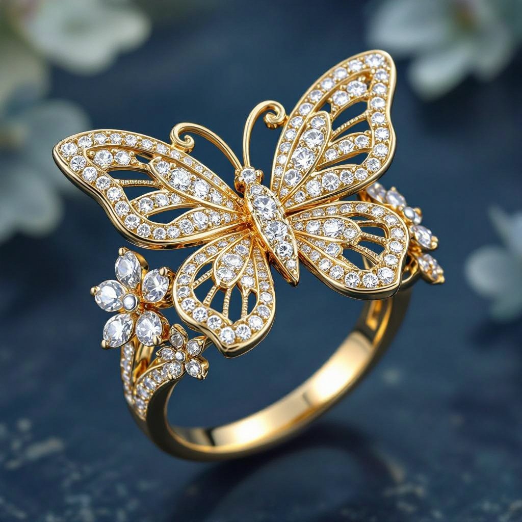 fairytale gold and diamond ring with buteefly wings and flowers 