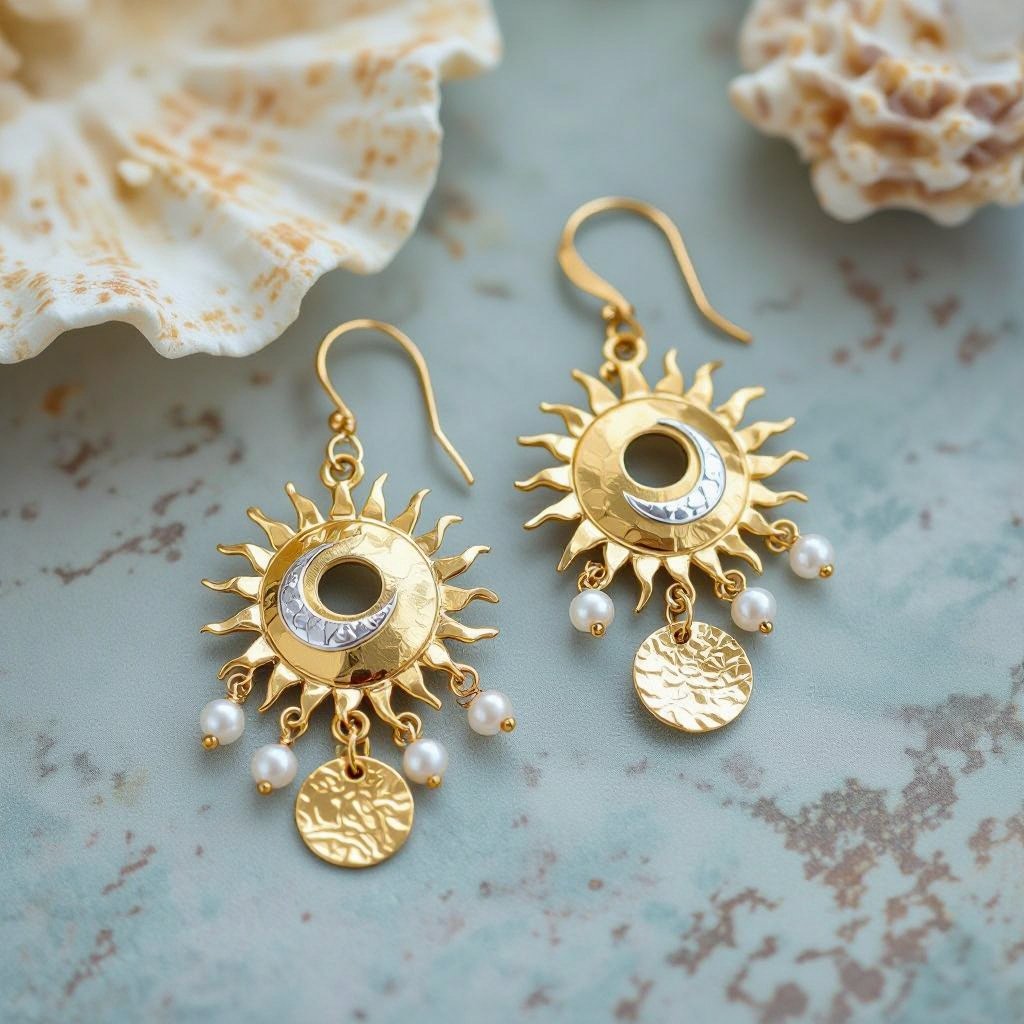 Золотые серьги словно мятое золото в форме горящего солнца с волнистыми лучами, в центре солнца круглая дыра. крепится к застежке серьги. К нижней части солнца крепятся подвески: миниатюрная серебристая луна, очень маленький жемчуг и маленький золотой кружочек с мятым эффектом плоский