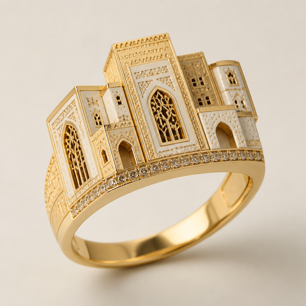 Create a ring inspired by Saudi western region architectural style
photorealistic jewelry design, Create a ring inspired by Saudi western region architectural style
, just the design no text