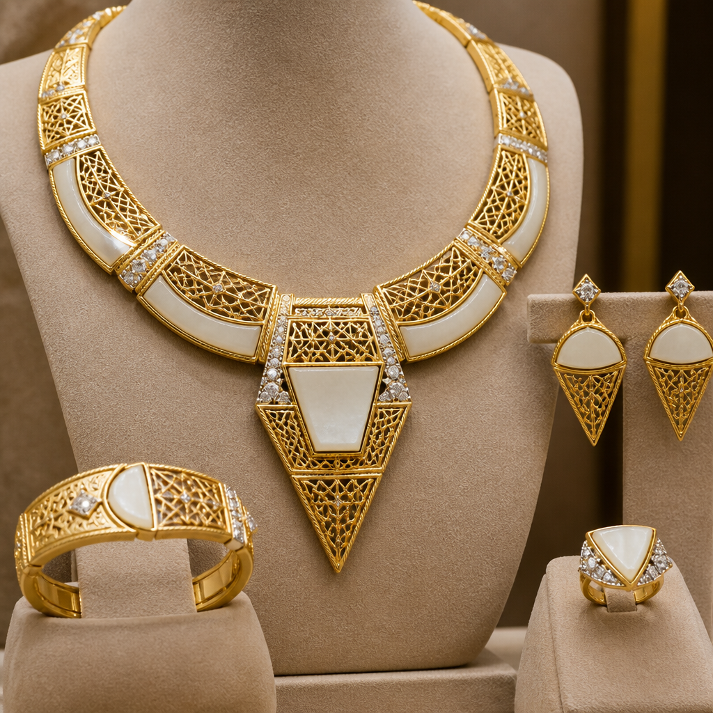 Prompt: A luxurious 21k yellow gold full jewelry set including a necklace, bracelet, ring, and earrings. The design features a modern geometric concept combining sharp geometric shapes with elegant semicircles. Embedded with brilliant, clean white ornamental gemstones and delicate white jade. Premium craftsmanship, warm rich gold tone, displayed on a minimalist beige velvet bust, professional jewelry photography, macro shot, soft studio lighting, high-end catalog style, 8k resolution. --ar 4:3 --v 6.0
photorealistic jewelry design, Prompt: A luxurious 21k yellow gold full jewelry set including a necklace, bracelet, ring, and earrings. The design features a modern geometric concept combining sharp geometric shapes with elegant semicircles. Embedded with brilliant, clean white ornamental gemstones and delicate white jade. Premium craftsmanship, warm rich gold tone, displayed on a minimalist beige velvet bust, professional jewelry photography, macro shot, soft studio lighting, high-end catalog style, 8k resolution. --ar 4:3 --v 6.0, african style, just the design no text