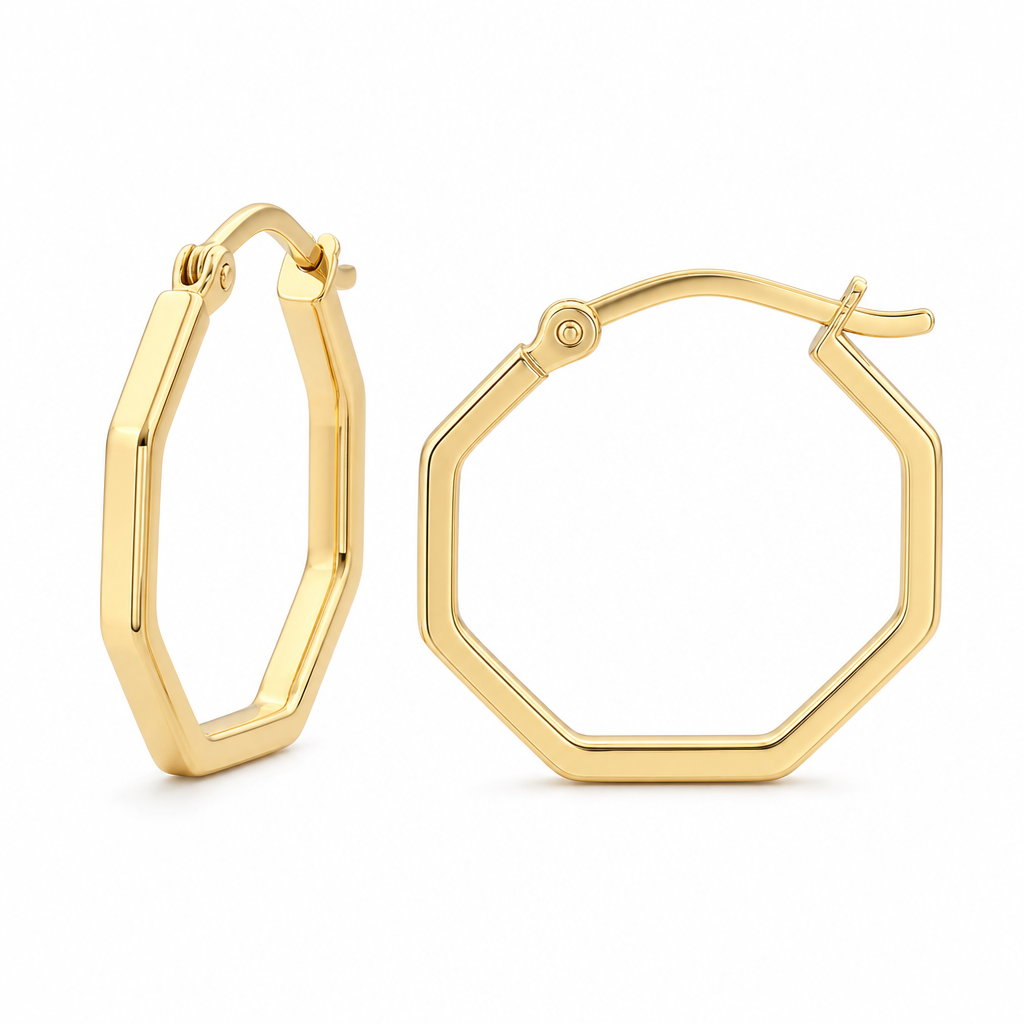 14K gold minimalist octagonal hoop earrings with slightly rounded edges, polished finish, everyday luxury style, studio soft lighting, sharp focus, commercial jewelry product photography, isolated on pure white background, square format 1:1 --ar 1:1
Minimalist jewelry: 14K gold octagonal hoop earrings, slightly rounded edges, polished. Studio soft lighting, sharp focus, commercial jewelry photography, isolated on white, square format 1:1. --ar 1:1