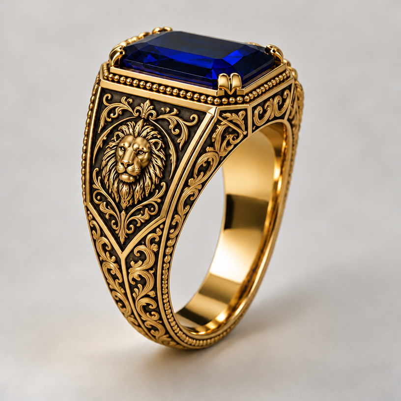 Add ornamentation around the entire ring, but don't put any around the lion's head.
edit the attached jewelry design with these instructions: Add ornamentation around the entire ring, but don't put any around the lion's head.. keep it photorealistic, just the design no text