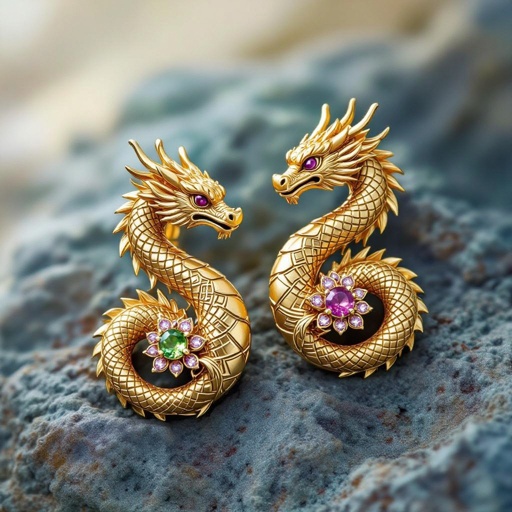Золотые матовые серьги с изображением дракона узоры и камни мелкие раузтопаз
