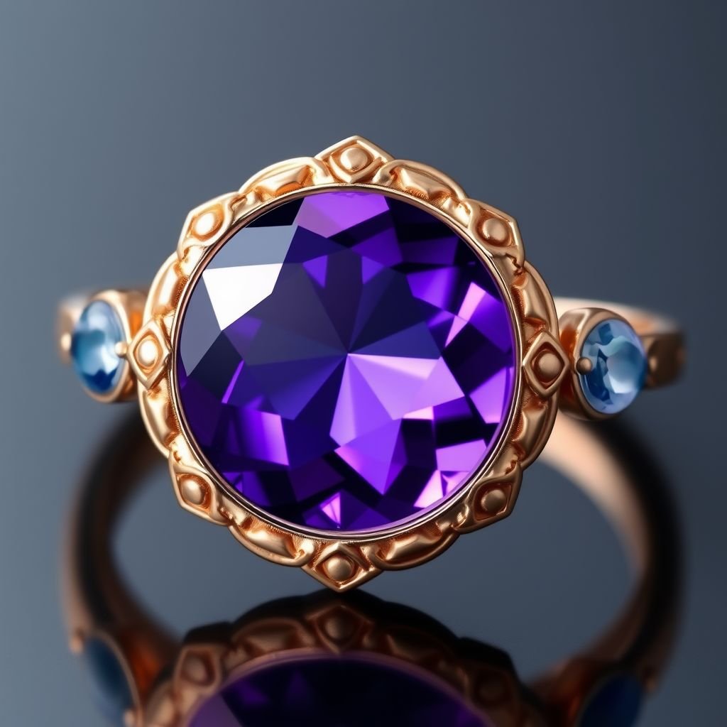 A simple, three stone 18 karat rose gold engagement ring set with a circular purple alexandrite. Also set with a small half moon cut blue chalcedony on one side right next to it, and a small half moon cut moonstone set on the other side right next to it. On the inside of the band, it has an inscription reading, “Tuum. Et in hac vita et in altera.”