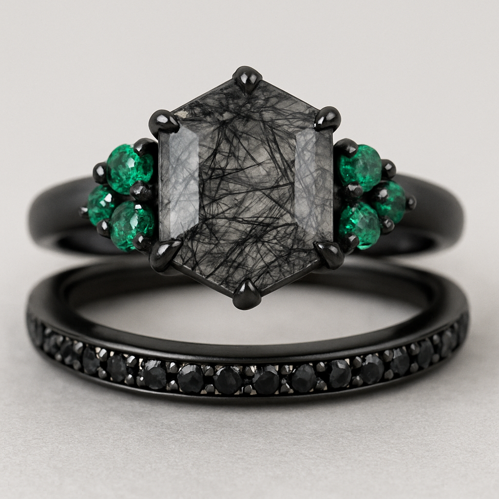 Black band, medium long hexagon cut rutilated black quartz, emerald accent stones 3 on each side in a cluster, add a wedding band with black stones