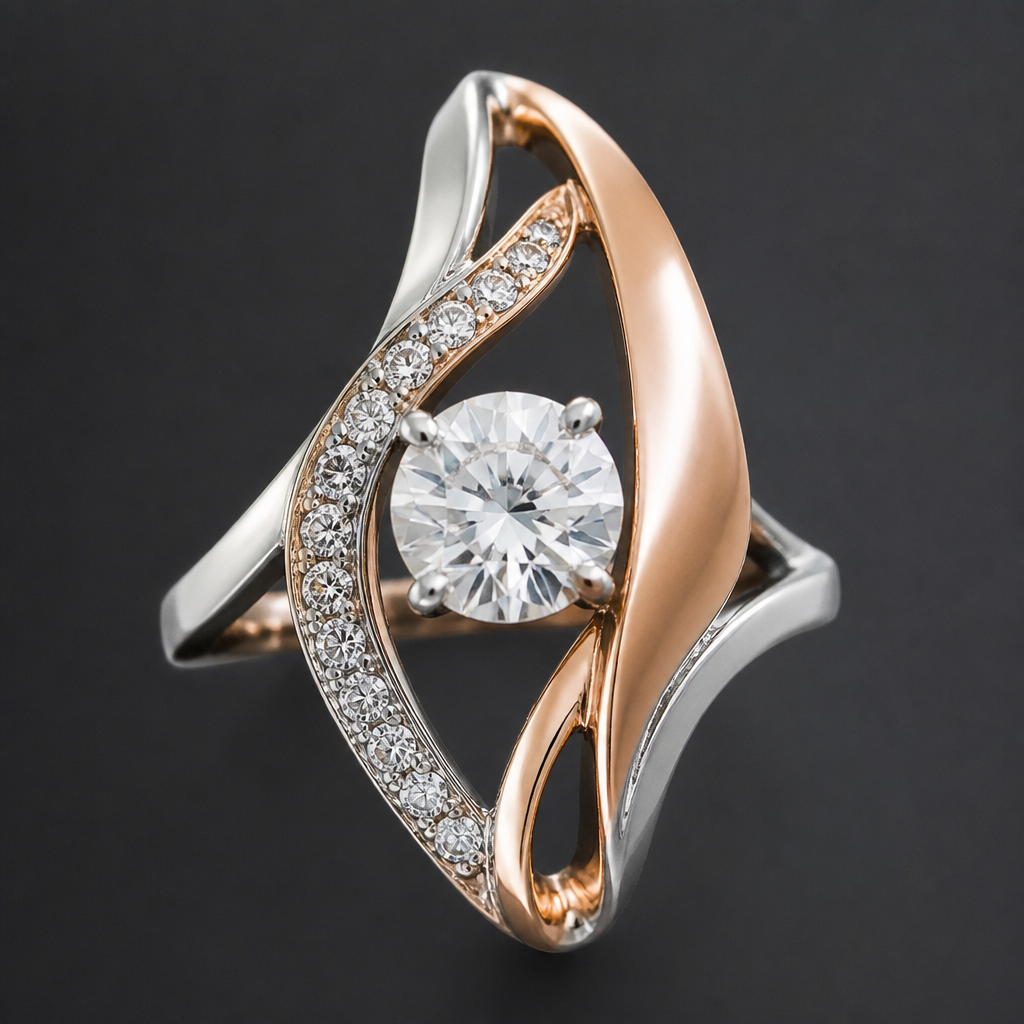 A avant-garde women's ring made of mixed metal with diamond stones suitable for festival. An extraordinary excellent beautiful delicate and elegant solitaire women ring. Face of the ring.
photorealistic jewelry design, A avant-garde women's ring made of mixed metal with diamond stones suitable for festival. An extraordinary excellent beautiful delicate and elegant solitaire women ring. Face of the ring., avant_garde style, just the design no text