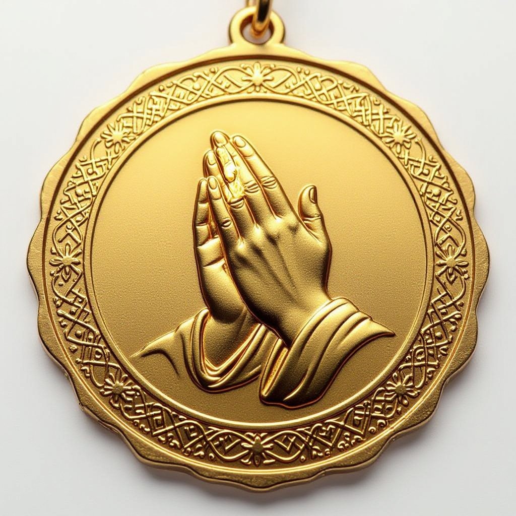 Золотой матовый медальон похожий на мятую монету с неровными краями. По кругу выгравированы изящные узоры. В центре выпуклые ладони, сложенные в молитве и от них исходит свет