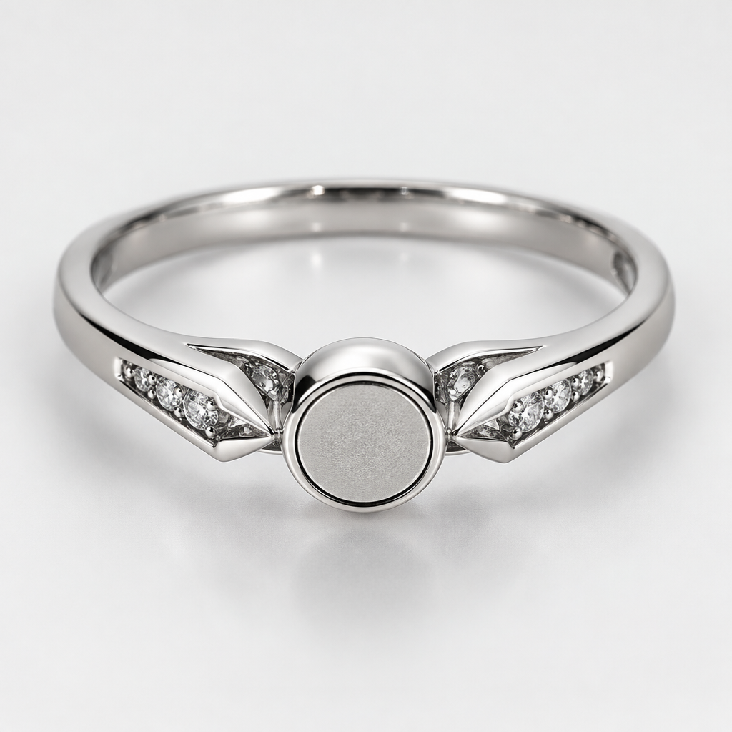 A women's ring. s white gold band with magnet in center so I can put my black diamond v shaped going down the finger on it
photorealistic jewelry design, A women's ring. s white gold band with magnet in center so I can put my black diamond v shaped going down the finger on it, modern style, just the design no text