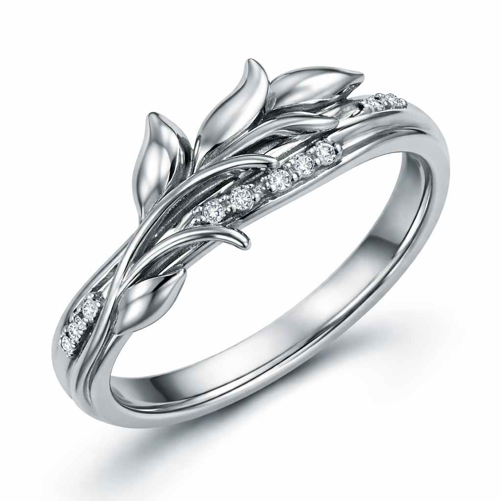 a ring with a silver band that has a stem rapping around with some petal that are also silver and rap around the band with some small diamonds on the band with no flower