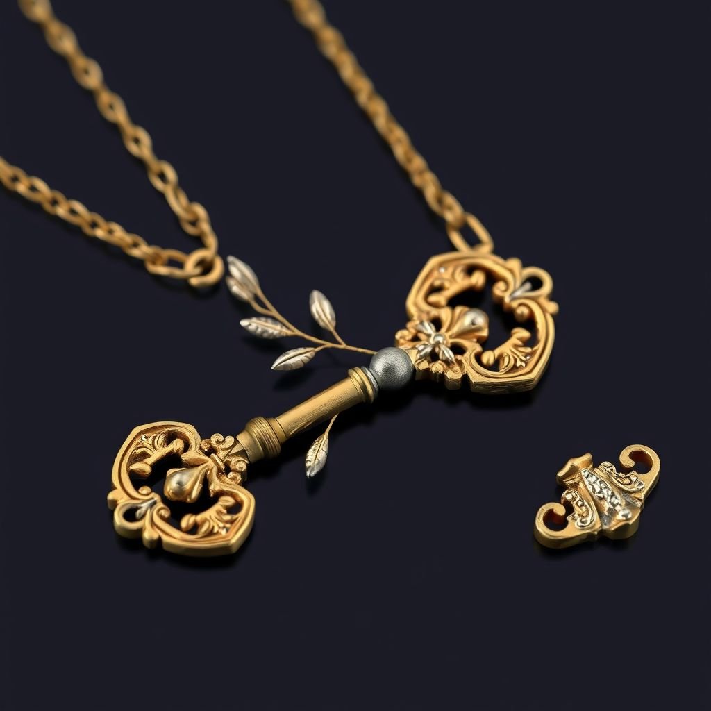 Old skeleton key shape gold and silver tones with olive branch turning on leg and keffieh print on the tip