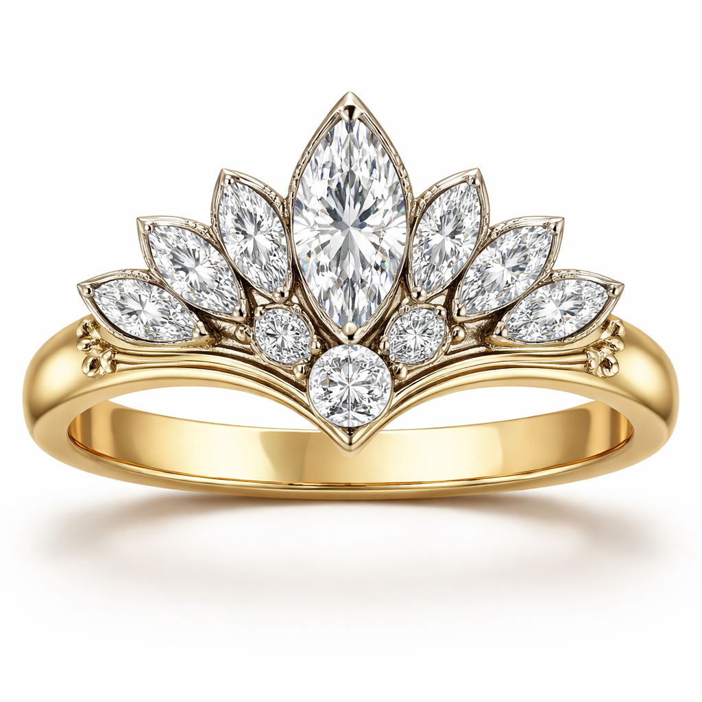 Create a ring in 14k yellow gold, set in platinum. The center stone is a .60 size marquise diamond with a .25 round diamond set directly under the marquise. Add 6 more marquise shaped diamonds and 2 more round diamonds in the shape of a fan with a thick gold yellow gold band