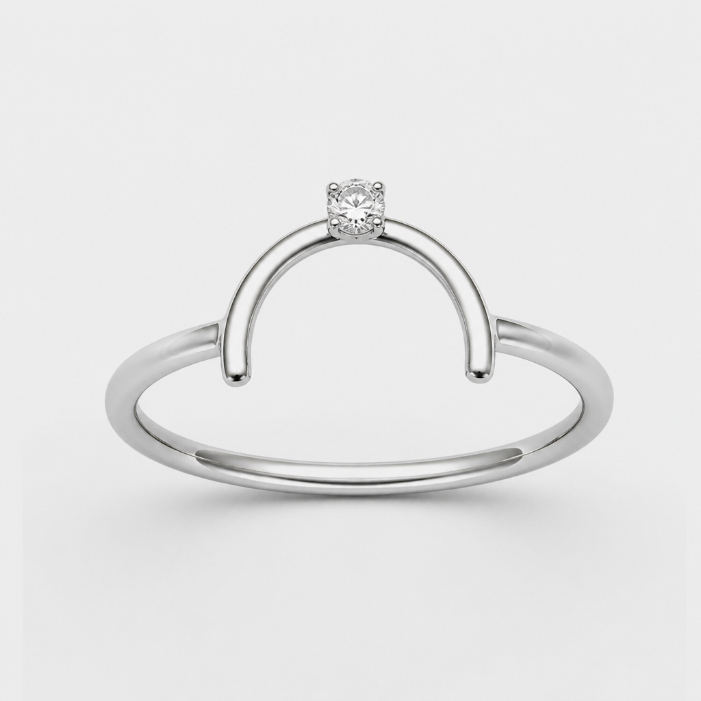 A minimalist women's ring made of silver with diamond stones. inspiration cancer du sein, anneau avec demi rond sans lien avec l'anneau, simple de taille moyenne, avec petit diamant sur le dessus du demi cercle
photorealistic jewelry design, A minimalist women's ring made of silver with diamond stones. inspiration cancer du sein, anneau avec demi rond sans lien avec l'anneau, simple de taille moyenne, avec petit diamant sur le dessus du demi cercle, minimalist style, just the design no text
